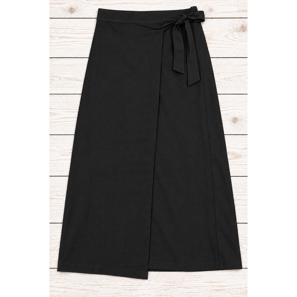 Ophelia Roe Linen Skirt Black Faux Wrap Tie Waist Midi Casual Coastal Large NWT